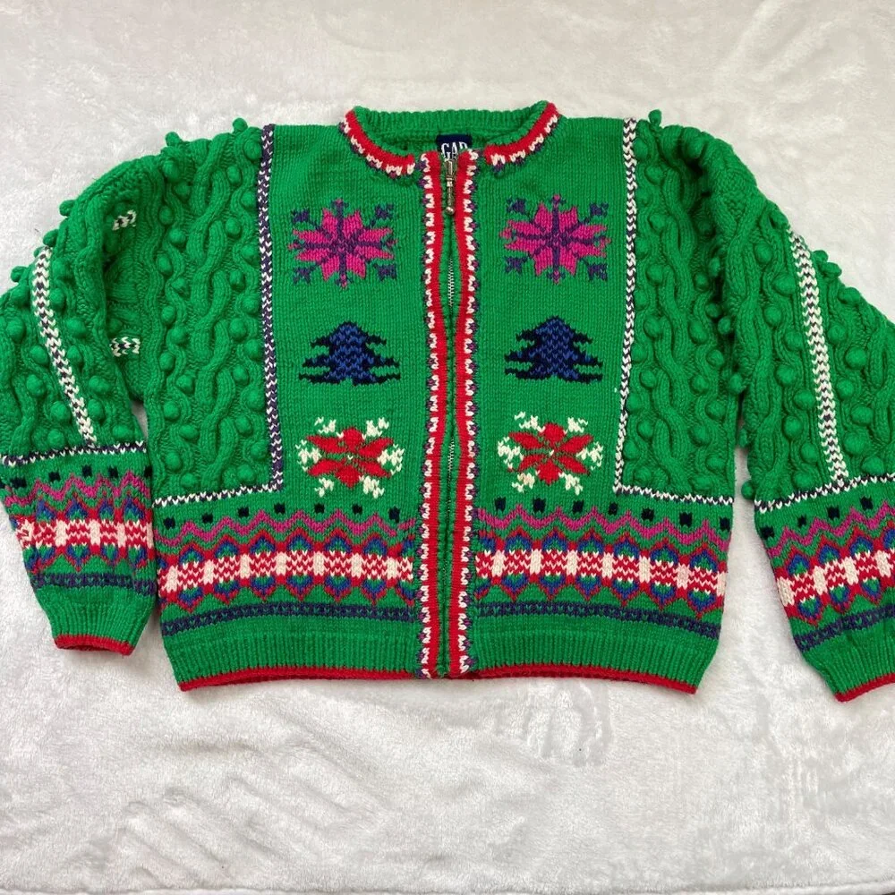 Vintage Gap Handknit Holiday Cardigan Sweater Girls XL 100% Cotton‎ Christmas